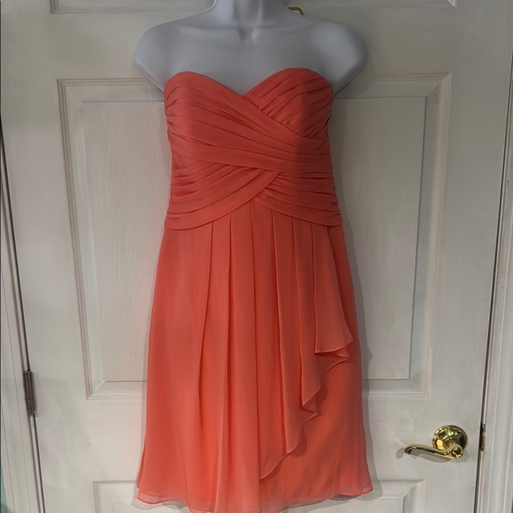 David's Bridal coral color Asymmetrical Ruched Strapless Dress